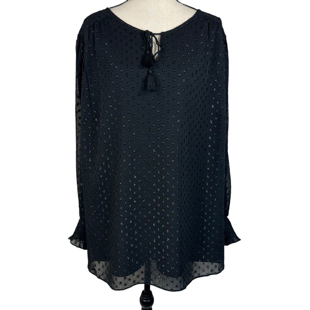 Ava & Viv 3X-Large Top Textured Shiny Keyhole Long Balloon Sleeves Lined Black